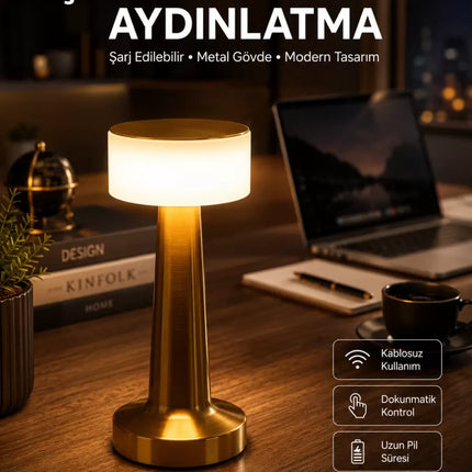 Altın Rengi Masa ve Gece Lambası Dokunmatik Şarjlı Masa Lambası