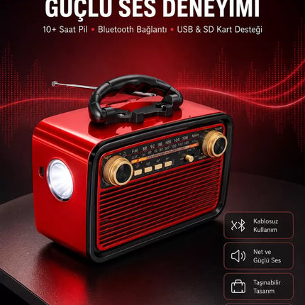 Nostaljik Görünümlü Ahşap Radyo TF SD USB Girişli Led Fener Işıklı