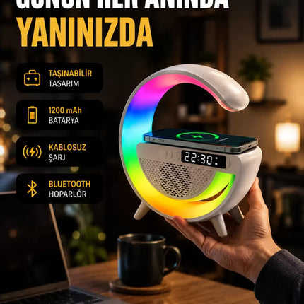 Kablosuz Şarjlı LED Masa Lambası Çalar Saat ve Beyaz Gürültü Özellikli