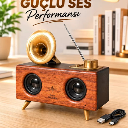 Retro Gramofon Tasarımlı Bluetooth Hoparlör – 3D Stereo Ses, 1800 mAh Batarya