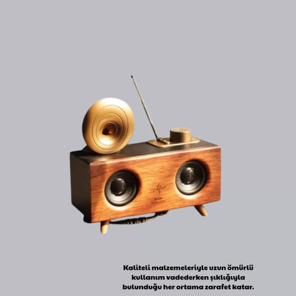 Nostaljik Gramofon Bluetooth Hoparlör – FM Radyo + USB + SD Kart Destekli