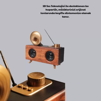 Nostaljik Gramofon Bluetooth Hoparlör – FM Radyo + USB + SD Kart Destekli