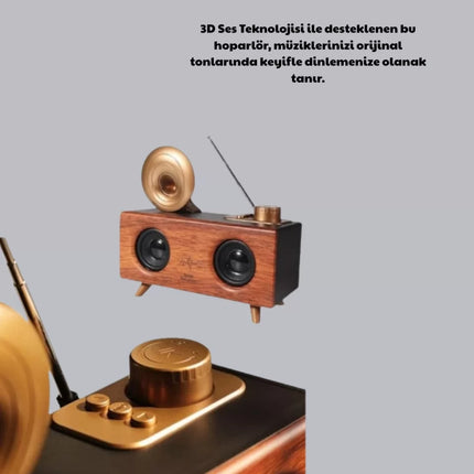 Çift Hoparlörlü Bluetooth Gramofon Speaker – FM Radyo, USB, SD Kart ve AUX Girişli