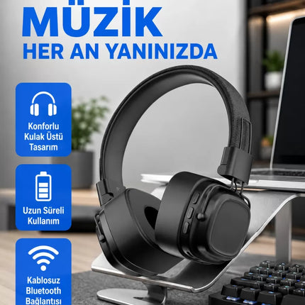 Bluetooth Kablosuz Kulak Üstü Kulaklık Katlanabilir Konforlu ve Şık Tasarımlı