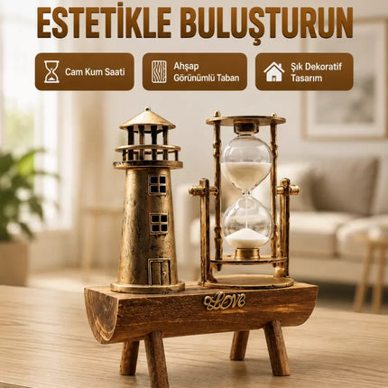 Deniz Feneri Tasarımlı Ahşap Kum Saati – Retro Masa Aksesuarı Yeni Nesil