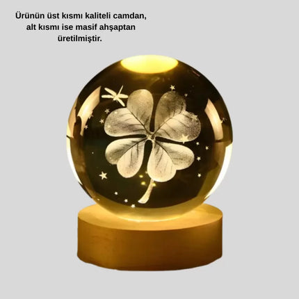 Bitki Temalı LED Işıklı Cam Küre Ahşap Standlı Modern Gece Lambası