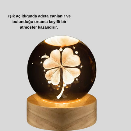 Bitki Temalı LED Işıklı Cam Küre Ahşap Standlı Modern Gece Lambası