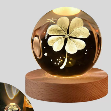 Bitki Temalı LED Işıklı Cam Küre Ahşap Standlı Modern Gece Lambası