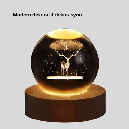 USB Bağlantılı Geyik Temalı Kristal Küre Premium Masa Gece Lambası