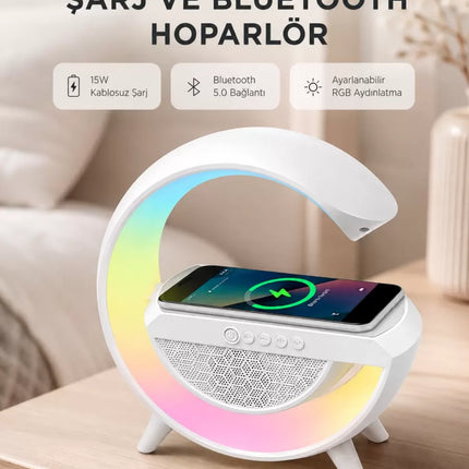 Kablosuz Şarjlı Bluetooth Hoparlör ve Gece Lambası – NFC, FM Radyo, RGB Işık