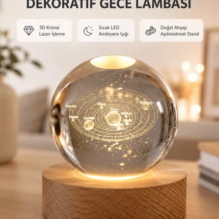 USB Bağlantılı Işıklı Kristal Küre Modern Ahşap Tabanlı Dekor