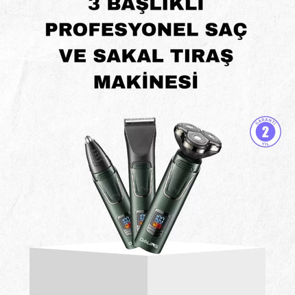 Şarjlı ve Kablosuz 3 Başlıklı Profesyonel Bakım Seti – Saç, Sakal, Burun ve Kulak Düzeltici