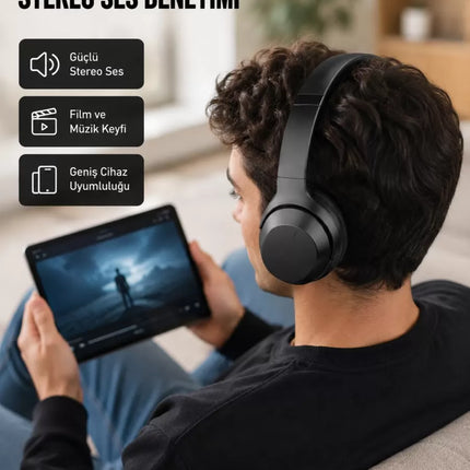 Bluetooth 5.0 Siyah Kablosuz Kulaklık 18 Saat Batarya Katlanabilir Tasarım Yeni Nesil