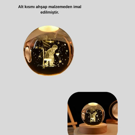 8 cm Küçük Prens Cam Küre USB Işıklı Ahşap Tabanlı Dekor