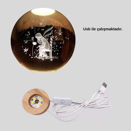 8 cm Küçük Prens Cam Küre USB Işıklı Ahşap Tabanlı Dekor
