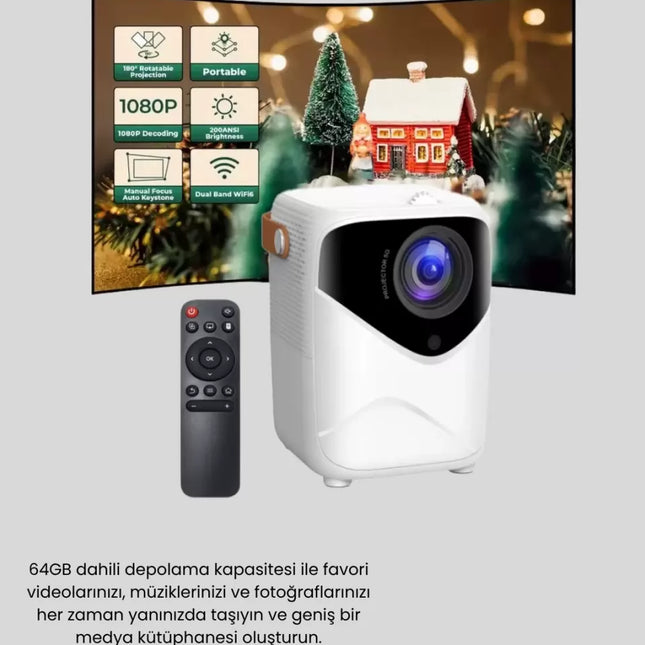 Mini Akıllı Projektör – 1080P Full HD, 64GB Depolama, 2GB RAM, Uzaktan Kumanda Destekli Yeni Nesil