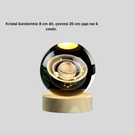Satürn Desenli Kristal Küre LED Gece Lambası Ahşap Standlı