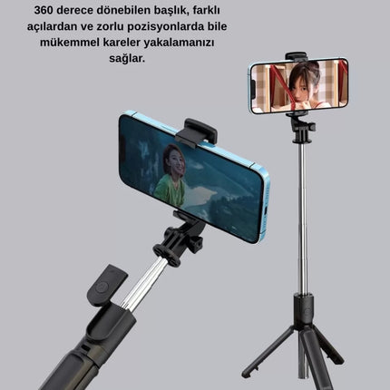 Bluetooth Selfie Çubuğu – 360° Dönebilen Başlık, Kablosuz Bağlantı