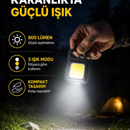 Şarjlı COB LED Anahtarlık Fener – 4 Modlu, Manyetik ve Katlanabilir Standlı Yeni Nesil