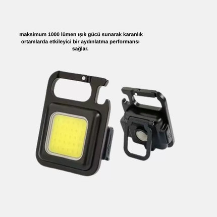 Şarjlı COB LED Anahtarlık Fener – 4 Modlu, Manyetik ve Katlanabilir Standlı Yeni Nesil