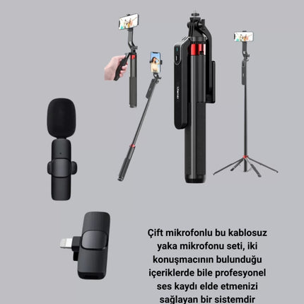 Kablosuz Çift Yaka Mikrofonu ve Tripodlu Selfie Çubuğu İçerik Üretici Seti