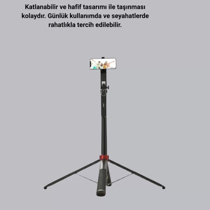 Kablosuz Çift Yaka Mikrofonu ve Tripodlu Selfie Çubuğu İçerik Üretici Seti
