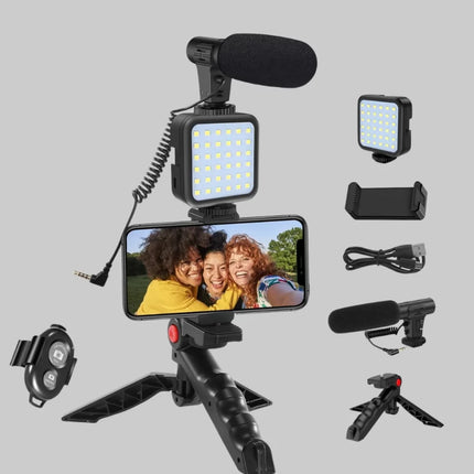 Telefon Video Çekim Kiti LED Aydınlatma Mikrofon Tripodlu Tam Set