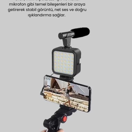 Telefon Video Çekim Kiti LED Aydınlatma Mikrofon Tripodlu Tam Set