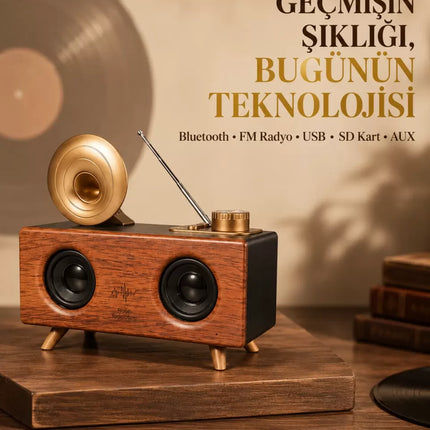 Çift Hoparlörlü Retro Bluetooth Speaker 1800mAh Bataryalı AUX USB SD Kartlı