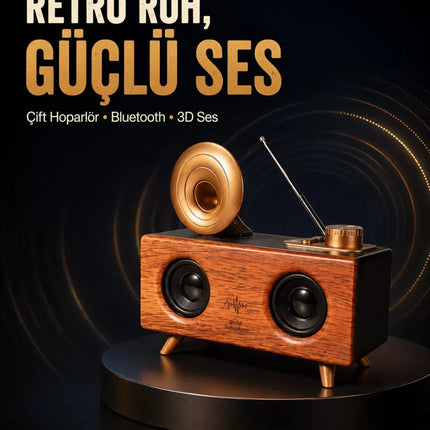 Gramafon Tasarımlı Bluetooth Hoparlör 3D Ses Teknolojili Çok Fonksiyonlu