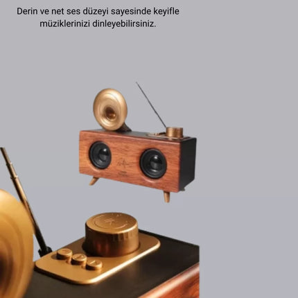 Retro Gramafon Bluetooth Hoparlör Çift Stereo Sesli FM Radyo Destekli