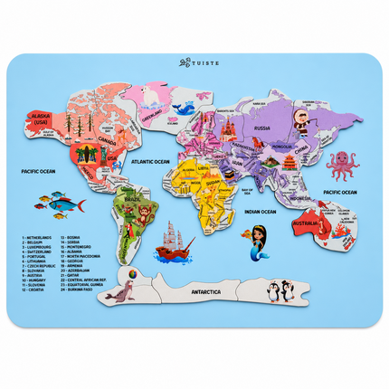Eğitici Ahşap Dünya Haritası Puzzle - Ülkeler ve Kıtalar Coğrafya Yapbozu