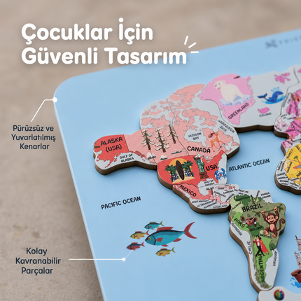 Eğitici Ahşap Dünya Haritası Puzzle - Ülkeler ve Kıtalar Coğrafya Yapbozu