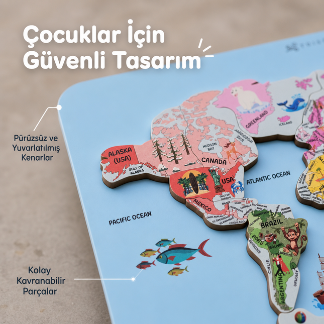 Eğitici Ahşap Dünya Haritası Puzzle - Ülkeler ve Kıtalar Coğrafya Yapbozu