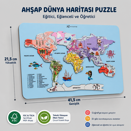 Eğitici Ahşap Dünya Haritası Puzzle - Ülkeler ve Kıtalar Coğrafya Yapbozu