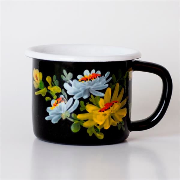 Emayra Emaye Kupa 350 Ml El Boyaması | Siyah Çiçekli