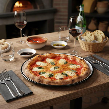 Emayra Emaye Pizza Tabağı 28 Cm | Beyaz Kordon Siyah