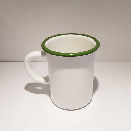 Enamel Soup Mug White Rim Green