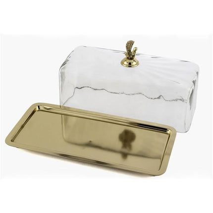 Gold Dikdörtgen Cam Kapaklı Sunumluk 35X17x20 Cm - Kuş Figürlü Metal Tepsi