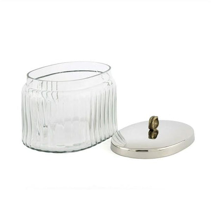 Gümüş Kapaklı Oval Fitilli Cam Kavanoz 19X13x16 Cm - Dekoratif Metal Kulplu