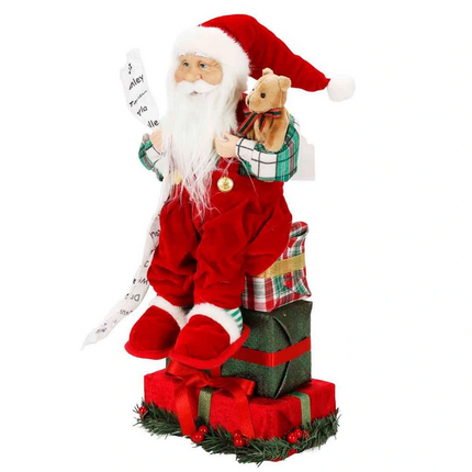 Hediye Kutularının Üstünde Oturan Noel Baba Dekoratif Biblo 48 cm