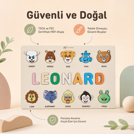 İsme Özel Ahşap Puzzle - Hayvanlar Temalı Kişiselleştirilebilir İsim Yapbozu