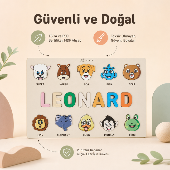İsme Özel Ahşap Puzzle - Hayvanlar Temalı Kişiselleştirilebilir İsim Yapbozu