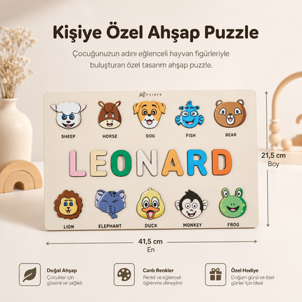 İsme Özel Ahşap Puzzle - Hayvanlar Temalı Kişiselleştirilebilir İsim Yapbozu