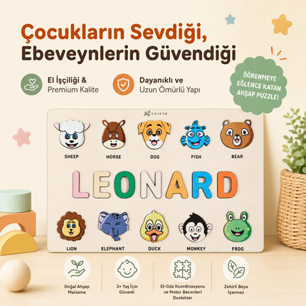 İsme Özel Ahşap Puzzle - Hayvanlar Temalı Kişiselleştirilebilir İsim Yapbozu