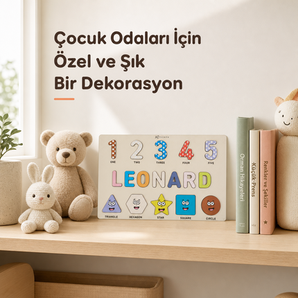 İsme Özel Ahşap Puzzle – Sayılar ve Şekiller Temalı Kişiselleştirilebilir İsim Yapbozu