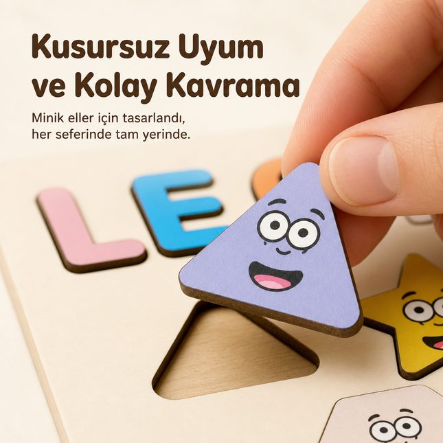İsme Özel Ahşap Puzzle – Sayılar ve Şekiller Temalı Kişiselleştirilebilir İsim Yapbozu
