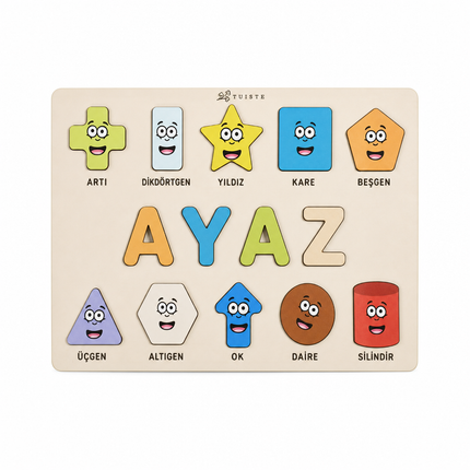 Kişiye Özel İsimli Ahşap Şekiller Puzzle – Eğitici Geometrik Şekil Yapbozu