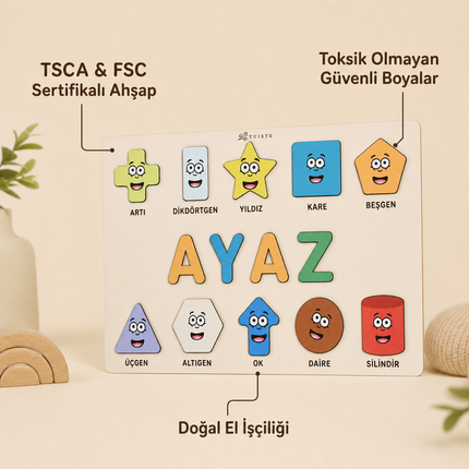 Kişiye Özel İsimli Ahşap Şekiller Puzzle – Eğitici Geometrik Şekil Yapbozu