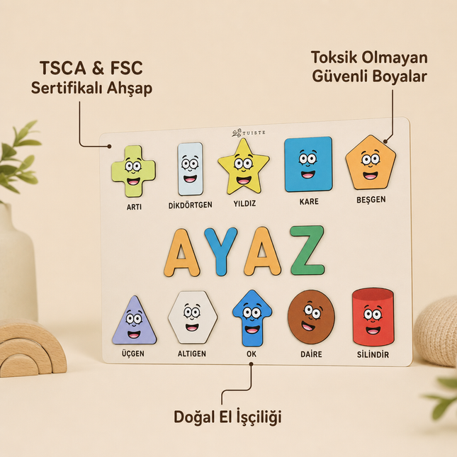 Kişiye Özel İsimli Ahşap Şekiller Puzzle – Eğitici Geometrik Şekil Yapbozu